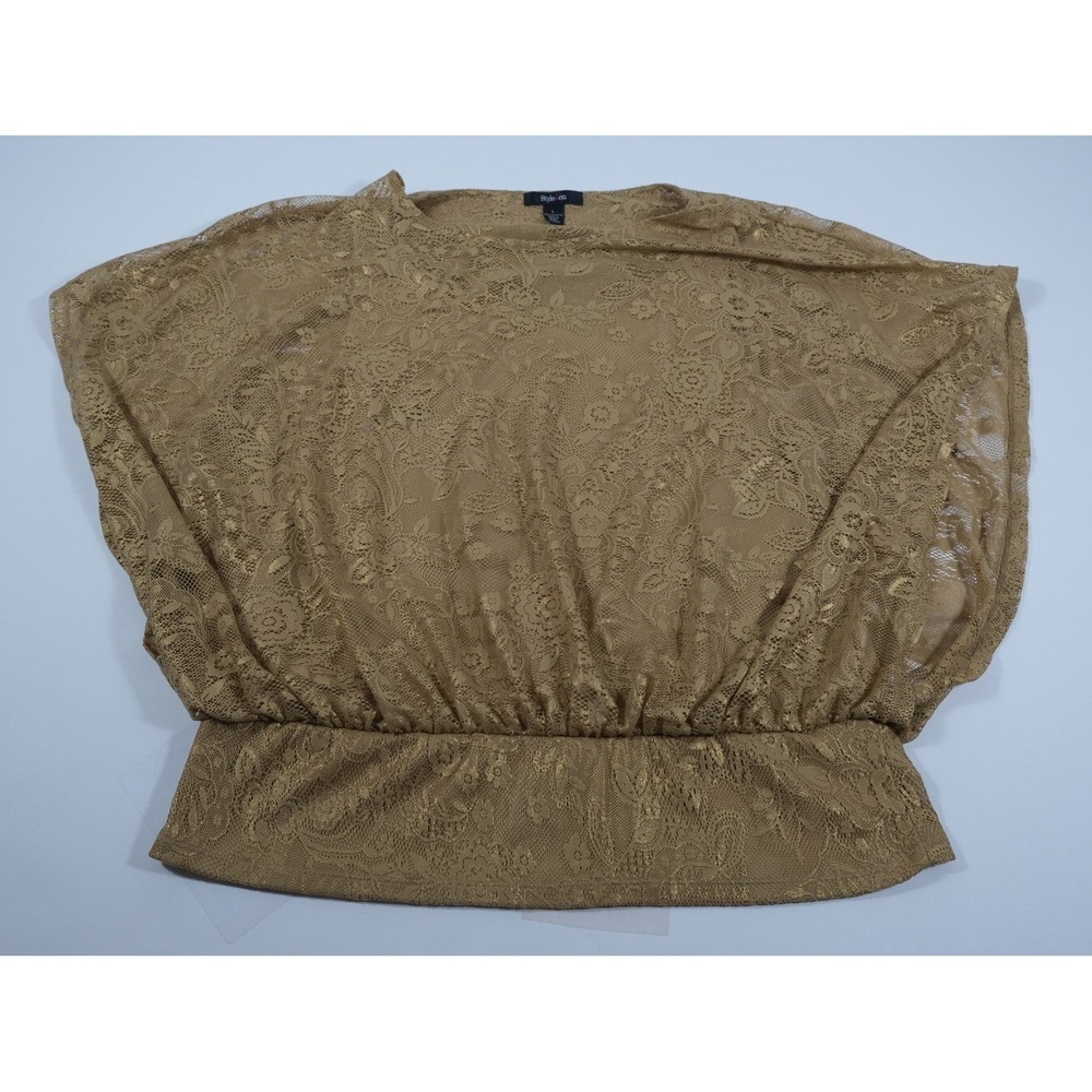 Style & Co Blouse Womens L Gold Lace Blouson Boat Neck‎ Metallic Floral Dolman
